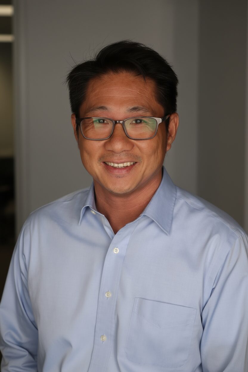 A headshot of a smiling person with short dark hair and rectangular glasses, in a light blue button-down shirt, against a pale gray office wall with a doorway open behind them.